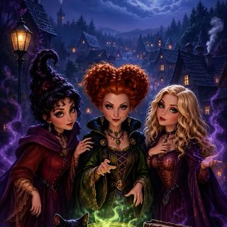 three witches standing next to each other in front of a full moon and some candles Halloween Witches dark slate gray