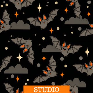 a bat pattern with stars and clouds in the background, on a black background that says studio maleo Halloween Bat Pattern black