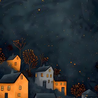 a painting of houses on a hill at night Halloween Sky Iphone House Phone, Fall Whimsical, Autumn Illustration, Cozy Phone, dark slate gray