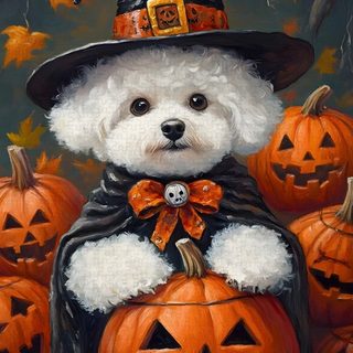 a painting of a teddy bear dressed as a witch with pumpkins Halloween Poodle Dog Halloween Pictures, Halloween Dog Painting, Happy Halloween With Dogs, dark olive green