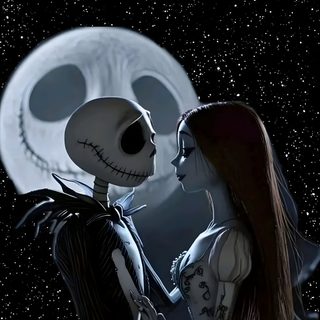 a couple dressed up as jack and sally from the nightmare before they were married in front of a full moon Halloween Jack And Sally Jack And Sally Pfp, Corpse Bride Movie, Jack Nightmare Before Christmas, black