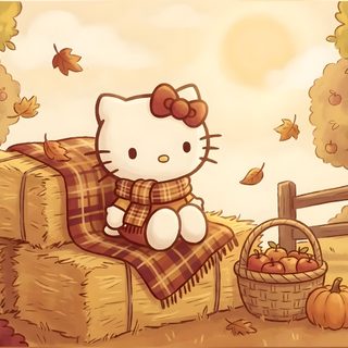 hello kitty sitting on hay bales with pumpkins and an apple tree in the background Hello Kitty Halloween Ipad peru