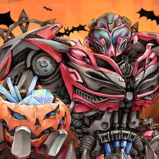 a painting of a robot holding a pumpkin in front of an orange background with bats Transformers Halloween Transformers Megatron, Lego Transformers, Arte Robot, Hasbro Transformers, sienna