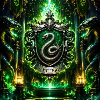 the sly emblem is surrounded by green and yellow lights in front of an ornate doorway Slytherin Halloween Harry Potter Backgrounds, Slytherin Crest, Hogwarts Christmas, black
