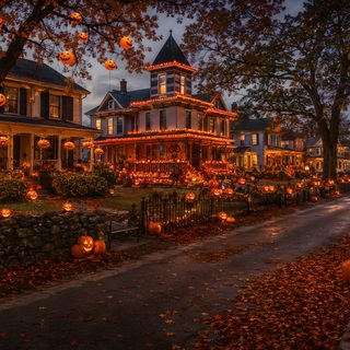 a house decorated for halloween with pumpkins on the ground and lights in the trees Halloween Town 4k Macbook High Quality Halloween, Halloween Landscape, Halloween America, black