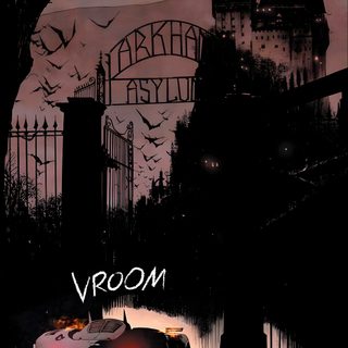 a movie poster for the upcoming horror film vroom with a car in front of a castle Arkham Halloween Gotham City Comic, Arkham Asylum Gate, Arkham Asylum Sign, Gotham Comic Background, black