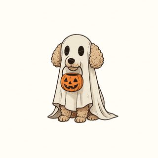 a dog wearing a ghost costume holding a jack - o'- lantern in its mouth Halloween Poodle Poodle Drawing, Walking Cartoon, Ghost Dog, Pumpkin Candy, Cute Images For, snow