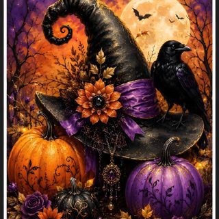 a painting of a witch's hat and pumpkins with a crow sitting on it Halloween Witch Hat saddle brown