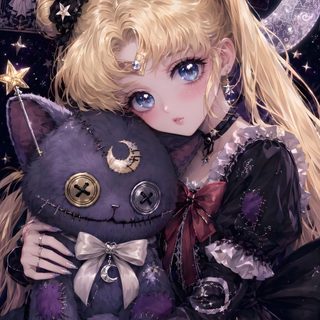 a girl holding a stuffed animal in her arms with stars and moon on the background Sailor Moon Halloween Sailor Moon Fan Art, Sailor Moon, Sailor Scouts, Magical Girl, dark slate gray