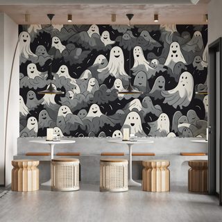 the wallpaper is designed to look like it has ghost faces on it, while two stools sit in front of them Halloween Ghost For Walls Halloween Room, Halloween For Bedroom, Ghost Mural, Haunted House For Bedroom, gray