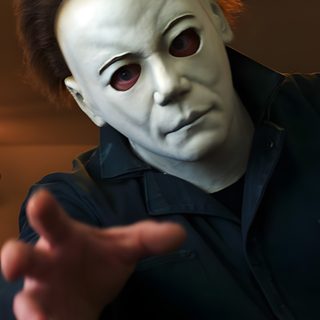 a man in a white mask pointing at something Halloween H20 Michael Myers Head Shot, Michael Myers Face Without Mask, Michael Myers Headshot, black