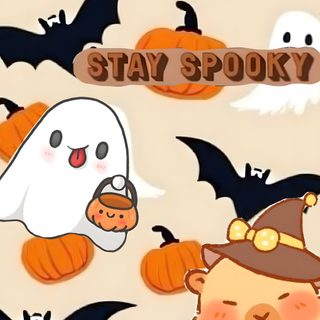 a group of cartoon characters with pumpkins and ghostes in the background that says stay spooky Capybara Halloween Cute, Halloween Backgrounds, Cute Animals, Halloween Capybara, Paper Doll Template, bisque