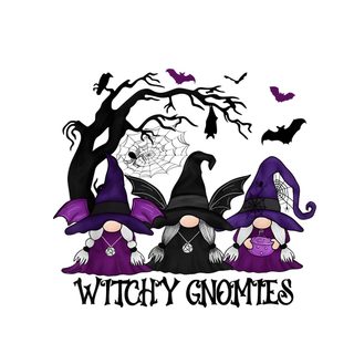 three witches sitting under a tree with bats on it's head and the words witchy gnomies above them Halloween Gnomes 4 Halloween Gnome Ideas, Purple Gnome Background, Halloween Gnomes, white
