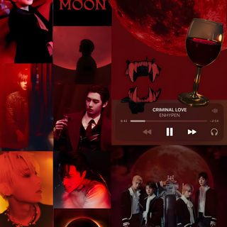 the collage shows various images of people in front of a full moon and red background Enhypen Halloween black