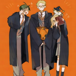 three harry potters standing next to each other in front of an orange background with the words happy halloween written on it Haikyuu Halloween Party Tsukishima, Haikyuu Halloween, Haikyuu Tsukishima X Yamaguchi Fanart, chocolate