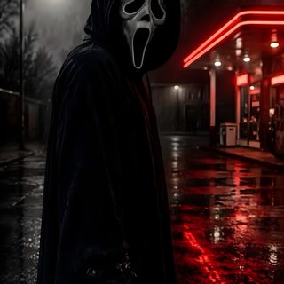 a person wearing a mask and holding a knife in front of a gas station at night Halloween Scary Ghostface Ghostface Scream, Louis Vuitton Pattern, Halloween Cute, Horror Artwork, black