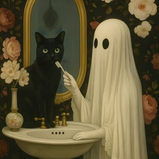 a black cat sitting on top of a bathroom sink next to a ghost holding a toothbrush Halloween Bathroom Dreamy Art, Black Cat Pictures, Cat Wall Art, Halloween Artwork, dark olive green
