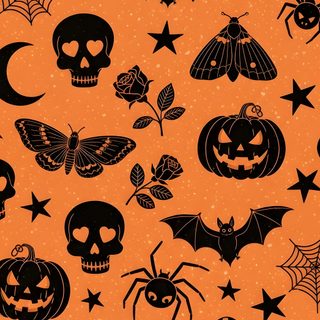 an orange and black halloween background with skulls, bats, pumpkins and other decorations Aesthetic Halloween Elements Halloween Pattern, Halloween Bats, Aesthetic Design, peru