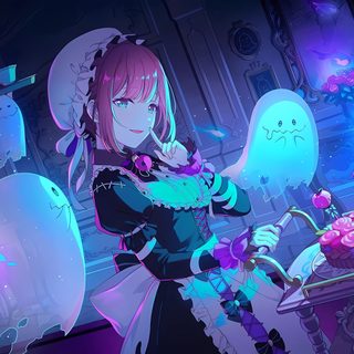 an anime character standing in front of a table filled with cake and candy items, Pjsk Halloween Animated Pjsk Cards, Honami Project Sekai Cards, Honami 4 Star Cards, dark slate blue