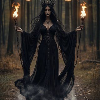 a woman holding two torches in her hands while standing on a path through the woods Gothic Halloween Witch Goddess Magick, Hecate Goddess, Gothic Photography, Witch Pictures, dark slate gray