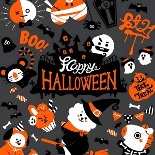 an orange and black halloween poster with lots of cartoon characters on it's back Bt21 Halloween Bt21 Fall, Bt21 Christmas, Bt21 Thanksgiving, Halloween Skzoo, Bt21 Halloween, dark slate gray