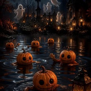 halloween pumpkins floating in the water with ghost's and graveyard lights around them Free Live Halloween Halloween Ambience, Halloween Scenery, Halloween Live, Halloween Desktop, black