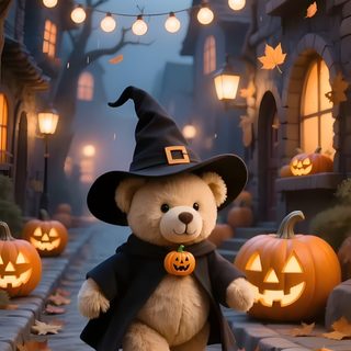 a teddy bear dressed up as a witch with pumpkins and lights in the background Teddy Bear Halloween Teddy Bear Halloween, Halloween Bear Gif, Fall Teddy Bear, dark olive green