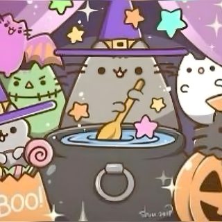 an animated halloween scene with cats and pumpkins Halloween Cutecore Cute Halloween Card Inspiration, Cute Halloween Cartoon Scene, Cute Spooky Characters, rosy brown