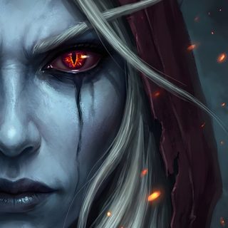 a woman with red eyes and long blonde hair is staring at the camera in front of flames World Of Warcraft Halloween World Of Warcraft Bilder, Warcraft Iphone, Sylvanas Windrunner Phone, dark slate gray