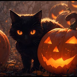a black cat standing in front of pumpkins with glowing eyes and fangs on them Halloween Cat 4k Halloween For Pc, Halloween Animal Desktop Background, Desktop Black Cat Halloween, maroon