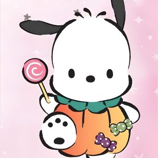 a cartoon character holding a lollipop in the air with stars around it on a pink background Pochacco Halloween Pochacco Halloween Pfp, Pochacco Halloween Coloring Pages, Pochacco Halloween Png, misty rose