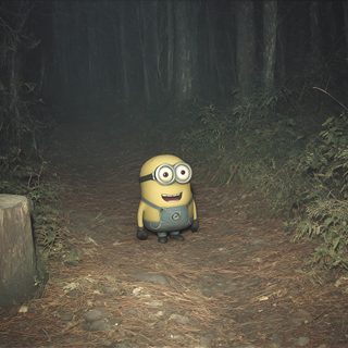 a minion sitting in the middle of a forest Minion Halloween Desktop Minion Meme Forest, Minion Staring In Forest Meme, Minion Creepy Meme, dark slate gray