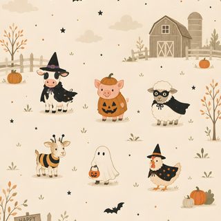 a halloween scene with animals and pumpkins Halloween Farm antique white