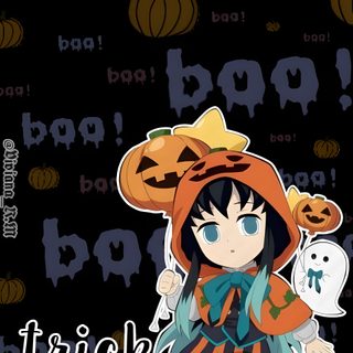an anime character with a pumpkin on her head and the words trick or treat written below Halloween Muichiro Halloween, Trick Or Treat, Movie Posters, Film Posters, black