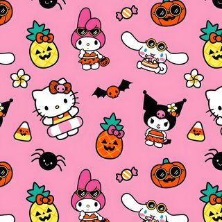 hello kitty halloween wallpaper with pumpkins, cats and bats on pink background in various colors Sanrio Hello Kitty Halloween Halloween Cute, Geek Squad, Hello Kitty Aesthetic, Screen Savers, light pink