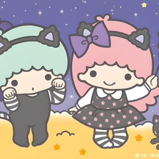 two cartoon characters are walking in the night with stars and trees behind them, one is holding her hand Little Twin Stars Halloween Little Twin Stars Halloween, Twin Stars Halloween, Which One Is Kiki And Lala, dark gray