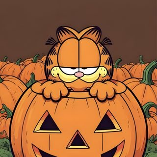 a cat sitting on top of a pumpkin in the middle of a pile of pumpkins Halloween Garfield Halloween, dark olive green