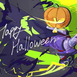 a cartoon character with a pumpkin on his head and the words happy halloween written in white Halloween Pumpkin Brawl Custom Leon Halloween Brawl Stars, Brawl Stars Halloween, Halloween Sonic, dark slate gray
