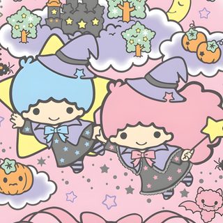 an advertisement for little twin stars featuring two girls Little Twin Stars Halloween Kawaii Sanrio Halloween, Sanrio Halloween Pastel, Little Twin Stars Halloween, thistle