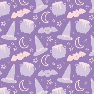 a purple and white pattern with witches, stars and crescents on the background in pastel colors Boho Halloween On Light Purple Cute Pastel Aesthetic Halloween Background, Light Purple Halloween, Kawaii Cute Purple Halloween,