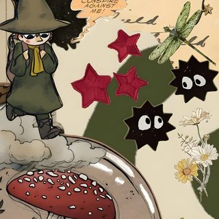 an illustration of a wizard standing on top of a mushroom with stars and mushrooms around it Moomin Halloween Moomin Mushroom, Little My Moomin, Moomintroll, Moomin Hd, Snufkin Poster, Cute Goblin, gray