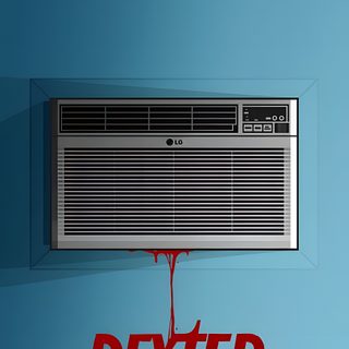 an air conditioner sitting on top of a blue wall next to the word dexter Dexter Halloween Dexter Aesthetic, Dexter Morgan, Dexter S6 Poster, Dexter Movie Poster, steel blue