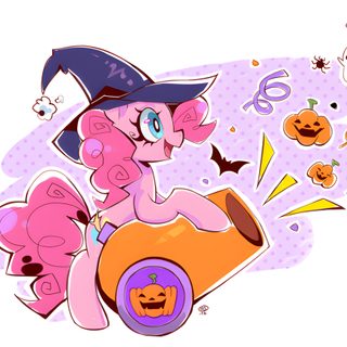 an image of a pinkie pony with pumpkins on it's back and witches flying around Pinkie Pie Halloween Halloween Pinkie Pie, Mlp Halloween Pfp, Pinkie Pie Pumpkin, Mlp Halloween Icons, snow