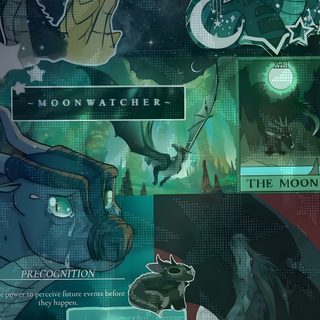 the moon and other avatars are depicted in this poster Wings Of Fire Halloween Wof Moon, Moonwatcher, Wings Of Fire Poster, Moonwatcher Fanart, Wof, dark slate gray