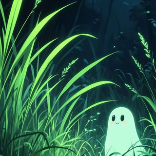 a ghost in the middle of tall grass at night with bright green light shining on it's face Cute Green Halloween Ghost Of You, Sheet Ghost, Clay Crafts For Kids, Mushroom House, dark slate gray
