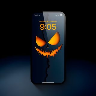 an iphone with the face of jack - o'- lantern on it, in front of a dark background Modern Smartphone With Halloween Phone, Halloween, black
