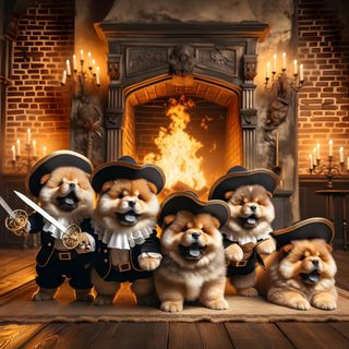 four dogs dressed up in pirate costumes and holding swords are standing next to each other Halloween Chow Chow Halloween Chow Chow, Chow Chow Costume, Chow Chow Halloween Costume, saddle brown