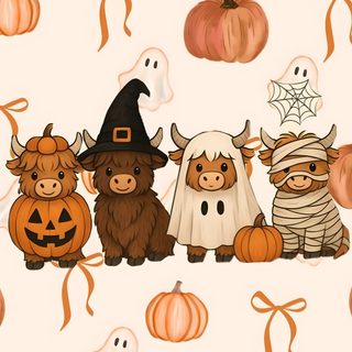 a group of animals sitting next to each other in front of pumpkins and ghost Aesthetic Cute Western Halloween linen