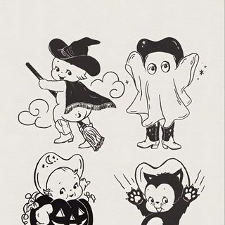 an image of halloween characters in black and white Kewpie Halloween Screen, gainsboro
