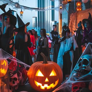 a group of people dressed up in halloween costumes Halloween Party Halloween Night Background Aesthetic, Rooftop Halloween Party, Halloween Festival Aesthetic, dark slate gray